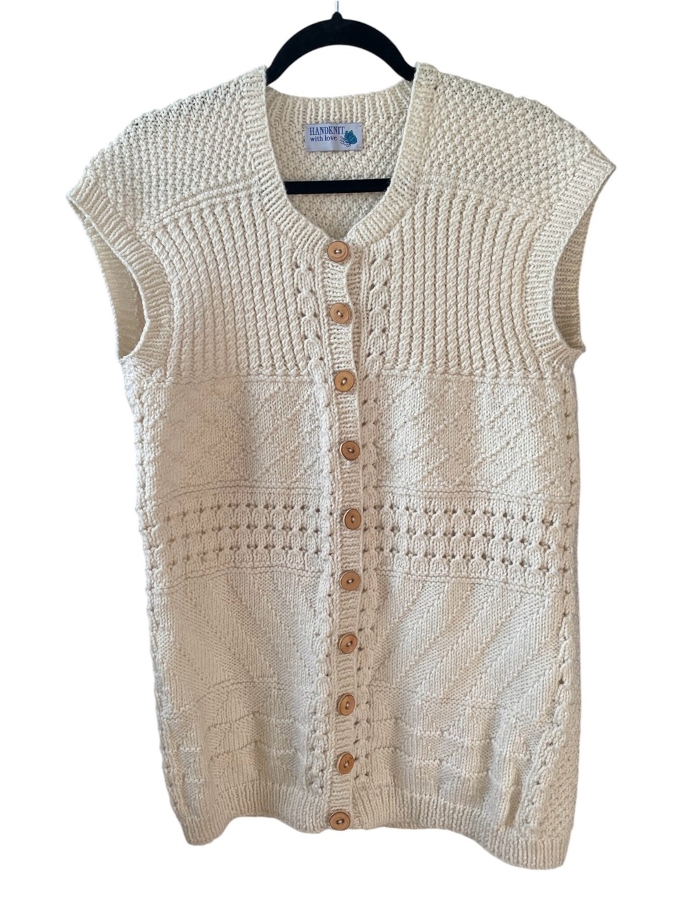 Hand Knit Wool Chunky Button-Front Sweater Vest Cream M